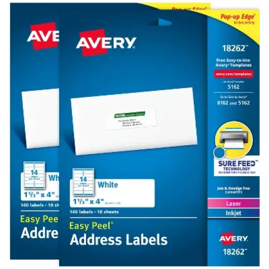 Avery Easy Peel Address Labels, 1-1/3" x 4", (2 Pack of 18262) image {9}