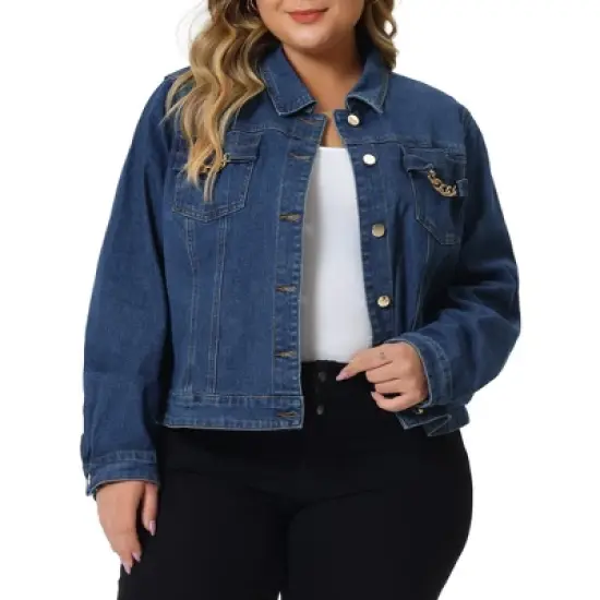 Agnes Orinda Women's Plus Size Button Up Long Sleeve Croped Denim Jean Jackets image {5}