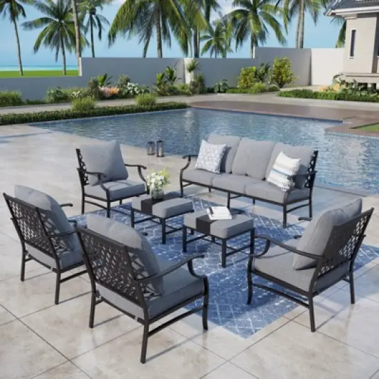 Captiva Designs 7pc Metal Patio Outdoor Conversation Set with Grid-back Armchairs, Ottomans for Garden, Poolside, Backyard image {11}