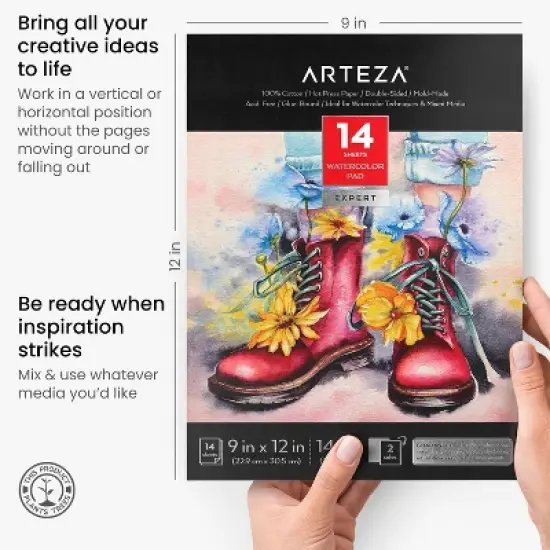 Arteza Hot-Pressed Watercolor Paper Pad, 100% Cotton, 9&rdquo;x12&rdquo;, 14 Sheets, For Detailed Work and Line Work, Dries Fast with Vivid Colors image {2}