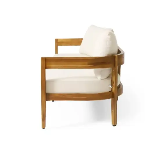 Brooklyn Outdoor Acacia Wood 3 Seat Sofa with Cushions Teak/Beige - Christopher Knight Home: Weather-Resistant Patio Furniture image {3}