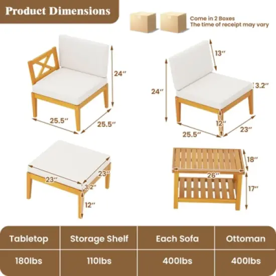 Costway 5 PCS Acacia Wood Patio Chaise Lounge Chair Set with 2-Tier Coffee Table Cushions image {2}