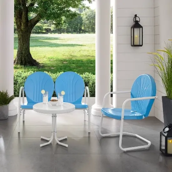 Griffith 3pc Outdoor Conversation Set with Loveseat, Arm Chair & Accent Table - Sky Blue - Crosley image {2}