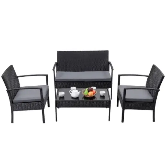 Tangkula 4 PCS Rattan Wicker Furniture Set Loveseat Sofa Cushioned Patio Outdoor Black image {1}