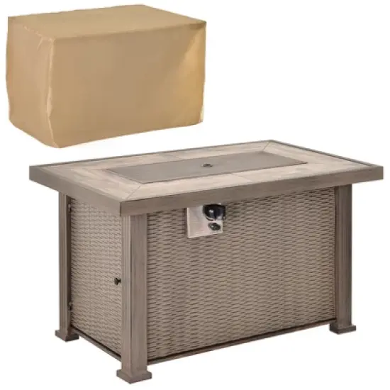 Outsunny 42" Propane Fire Pit Table, 30,000BTU Wicker Electric Ignition Gas Fireplace with Lid, Lava Rocks and Cover for Outdoor, or Patio, Gray image {3}