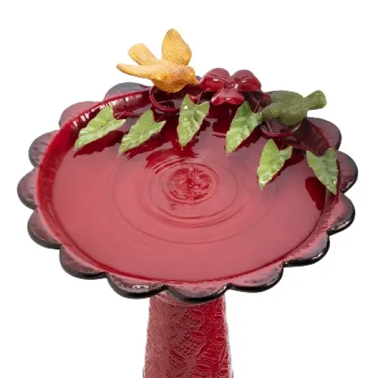 28" Metal Birdbath With Birds And Leaves - Red - Alpine Corporation image {4}