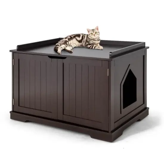 Tangkula Cat House Litter Box Pet Cat Washroom Nightstand Cat Storage Bench Coffee/Black image {3}