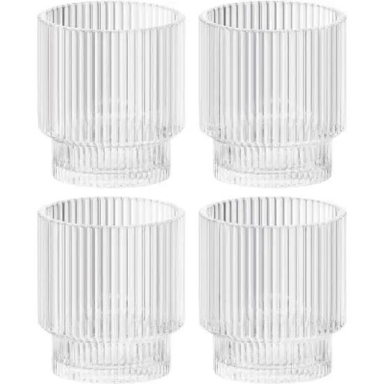 American Atelier Vintage Art Deco 9 oz. Fluted Drinking Glasses Set of 4, Old Fashion Tumbler for Cocktails, Ribbed Lowball Glass Cup, Clear image {8}