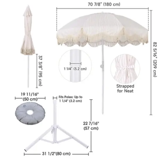 LAGarden Fringe Patio Umbrella with Base Included Tripod Stand Tilt Outdoor Beach for Sand Shadewith Bag image {7}