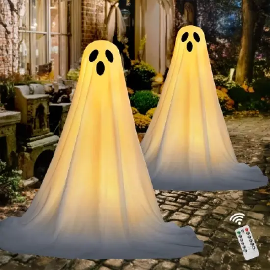 Joyfy 2 Pack 47'' Halloween Standing Ghost Outdoor Decoration,  White Ghost with Warm String Light Haunted House Prop for Garden Yard Porch Lawn Decor image {5}
