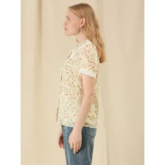 Allegra K Women's Peter Pan Collar Lace Embroidered Casual Floral Shirt Blouse image {3}