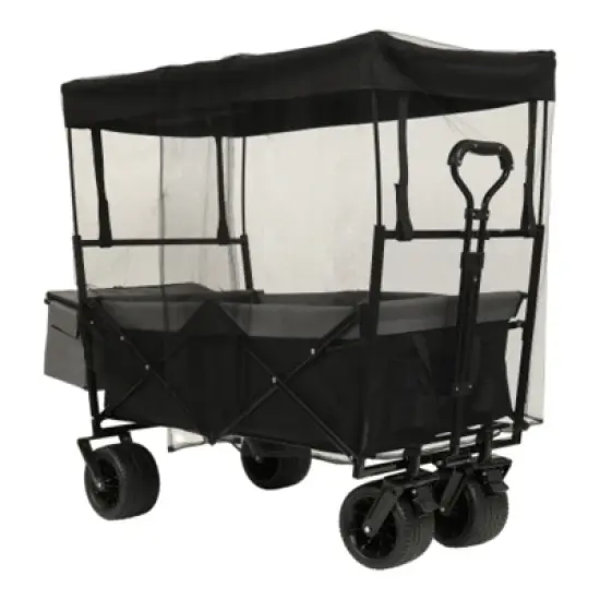 FURNIinspire Outdoor Serving Carts 480Lbs Collapsible Wagon with Canopy Lightweight Foldable Wagon with Mosquito Net, Black, 45.28"*22.83"*38.78" image {1}
