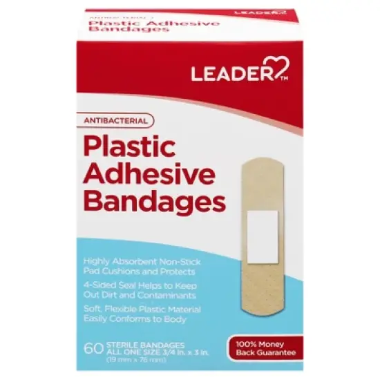 Leader Antibacterial Plastic All One Size Adhesive Bandages 60 ea image {1}