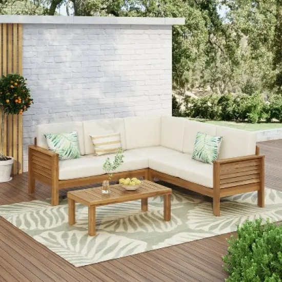 Christopher Knight Home Percy Patio Acacia Wood L Shape Upholstered 5-Seater Sectional Sofa Set with Coffee Table image {8}