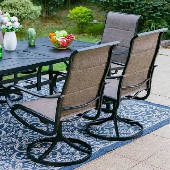 7pc Outdoor Dining Set with Padded Swivel Chairs & Metal Rectangle Table with Umbrella Hole - Gray - Captiva Hole image {2}