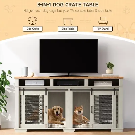 COZONY 71 Inch Dog Crate Furniture for 2 Dogs with Sliding Barn Door TV Stand Kennel 3 Storage Compartments, White image {2}