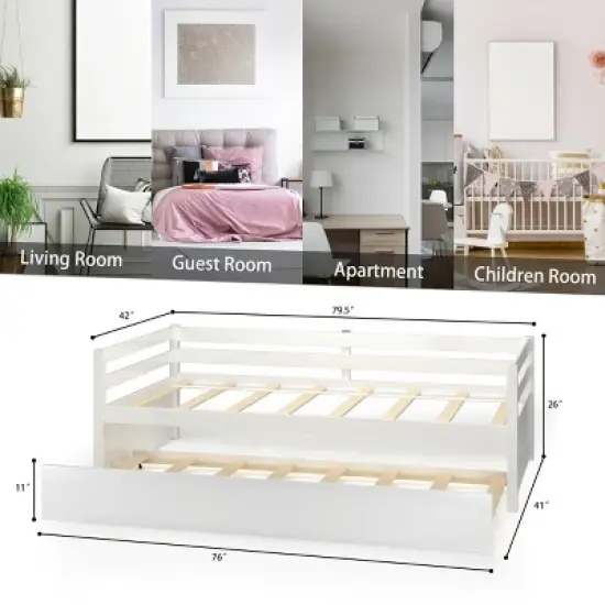 Costway Twin Size Trundle Daybed Wooden Slat Support Mattress Platform for Kids EspressoWhite image {3}