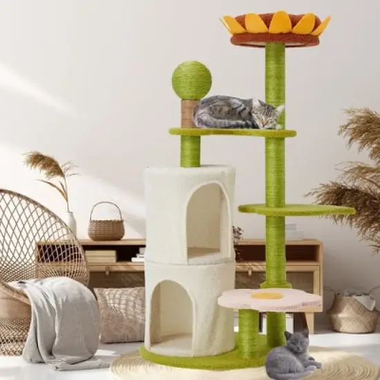 EROMMY 44" Sunflower Cat Tree, Multi-Functional Cozy Cat Tower,Green image {4}