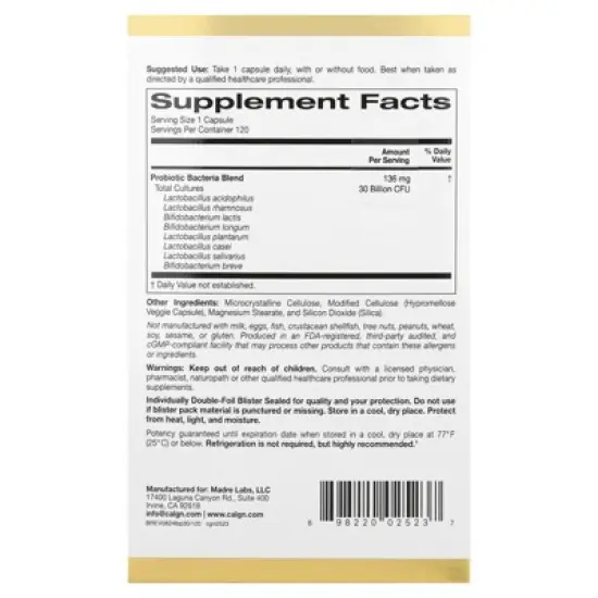 California Gold Nutrition LactoBif&reg; 30 Probiotics, 30 Billion CFU, 120 Veggie Capsules image {1}