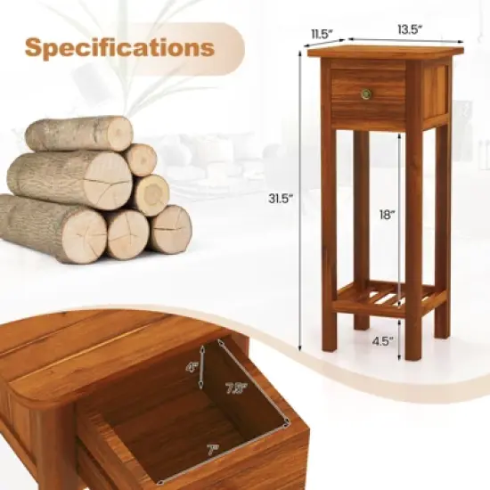 Costway Solid Wood Side Table with Acacia Wood Top Drawer & Open Shelf Small Nightstand image {2}