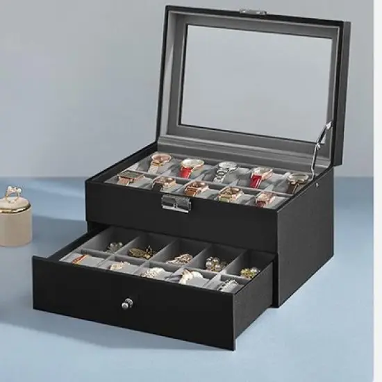 Elegant 12-Slot Watch Box, Lockable Case with Glass Lid, 2 Layers, 1 Drawer for Rings, Bracelets - Gift Idea in Black Synthetic Leather image {1}