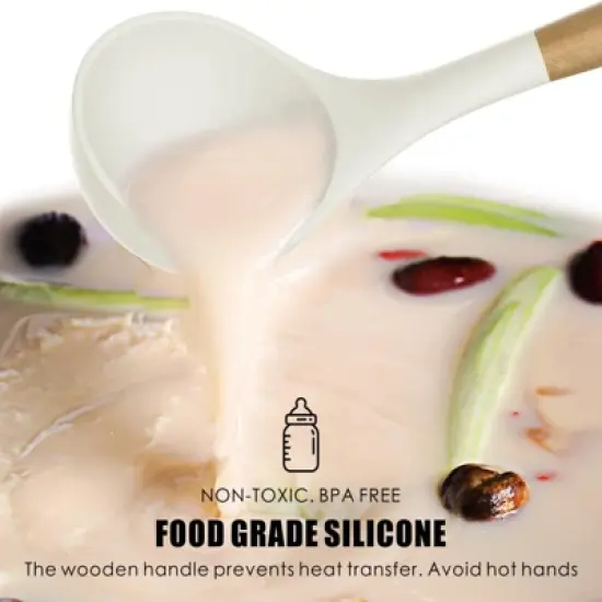 BRINJOY Silicone Cooking Utensil Set - Heat Resistant 446&iexcl;&atilde;F Non-Stick Kitchen Tools with Wood Handles & Holder, BPA-Free (Cream White) image {4}