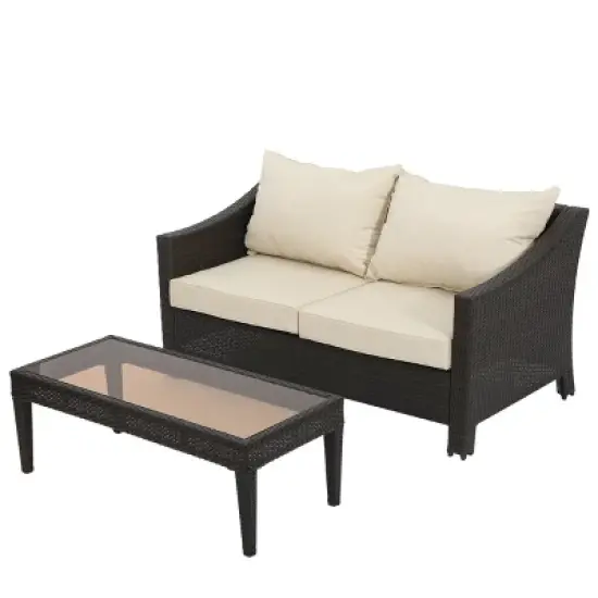 Christopher Knight Home Antibes 2 Piece Outdoor Wicker Loveseat and Coffee Table Set with Cushions image {10}