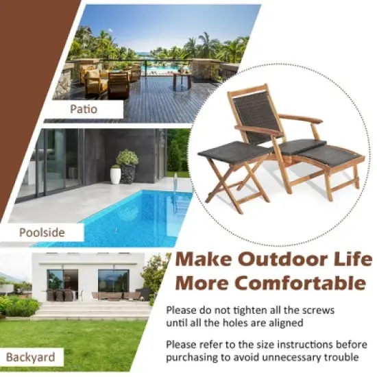Costway 4PCS Patio Rattan Folding Lounge Chair Table Acacia Wood withRetractable Footrest image {7}