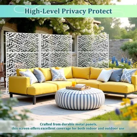 TOAOTBNBO Metal Privacy Screen with Stand, Decorative Privacy Fence Panels with Leaf Pattern, Outdoor Privacy Screen for Garden, White image {6}