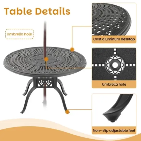 7-Piece Cast Aluminum Outdoor Dining Set with Beige Cushions, Round Table & Ergonomic Chairs - for Patio, Backyard image {5}