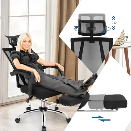 Costway Mesh Office Chair Recliner Desk Chair Height Adjustable w/Footrest Black image {8}