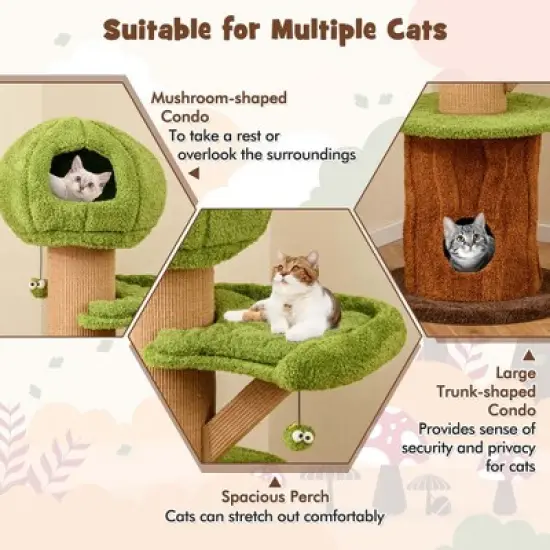 Costway 58" Mushroom Cat Tree for Indoor Cats with 2 Cute Condos Plush Perch Teasing Balls image {5}