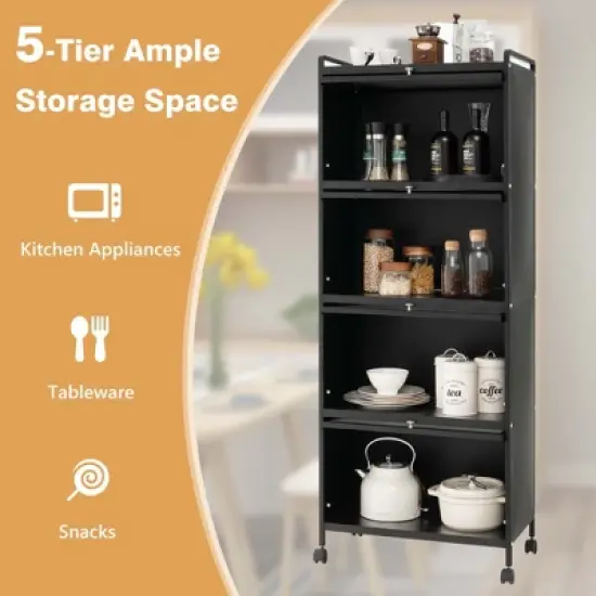 Costway 5-Tier Kitchen Baker's Rack Storage Cabinet Mobile Microwave Stand Flip-up Doors image {6}
