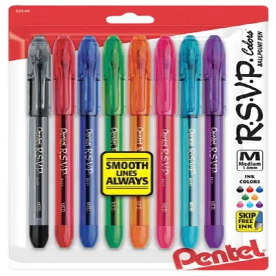 Pentel R.S.V.P. Refillable Ballpoint Pen, 1 mm Medium Tip, Assorted Color Ink, Clear Barrel, Pack of 8 image {1}