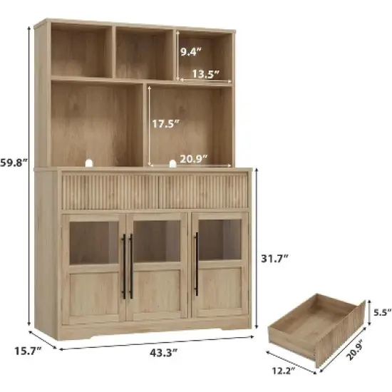 60'' Kitchen Pantry Cabinet, Tall Pantry Storage Cabinet with Microwave Stand, Farmhouse Kitchen Hutch with Storage Drawers image {7}