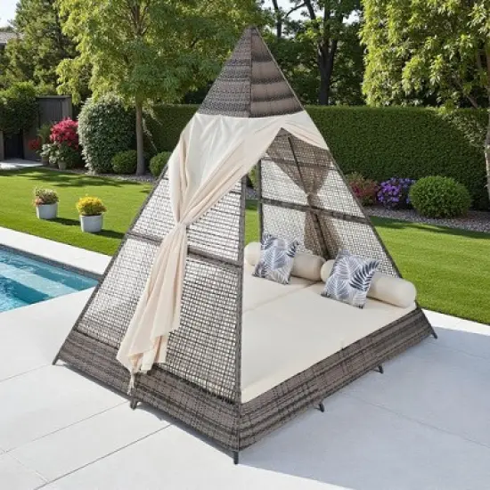 90.5" Outdoor Patio Wicker Triangle Tent Daybed Sunbed with Colorful Pillows and Curtain image {12}