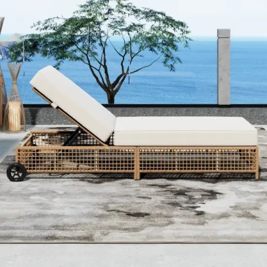 Adjustable 5-Position Rattan Outdoor Lounge Chair with Wheels, Cushions, Weather-Resistant Frame for Patio & Pool -Coolbibila image {1}