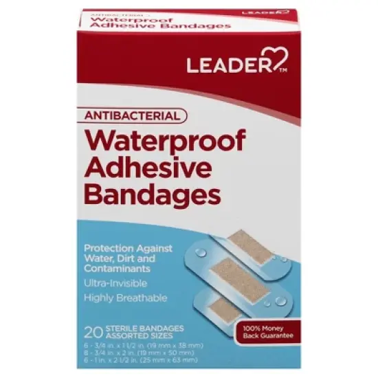 Leader Antibacterial Waterproof Assorted Sizes Adhesive Bandages 20 ea image {1}