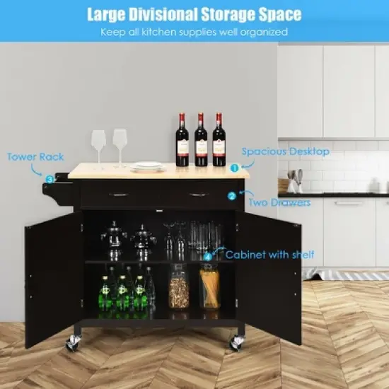 Costway Modern Rolling Kitchen Cart Island Wood Top Storage Trolley Cabinet Utility Brown image {7}