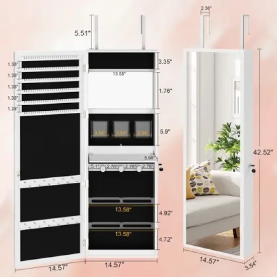 VECELO Mirrored Jewelry Cabinet Wall, Door Mounted Jewelry Organizer with LED Lights and Lockable Full Length Mirror, White image {2}