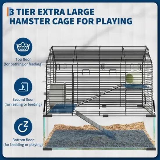 GustoWave Large Hamster Cage with Deep Tempered Glass Bottom, 3 Tiers Hamster Tank with Running Wheel, Hut, Dish, Rat Cage for Small Animal image {5}