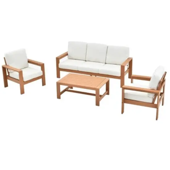 Wood Frame 4Piece Outdoor Sofa Set 3Seater Lounge + Accent Chairs & Ribbed Table image {8}