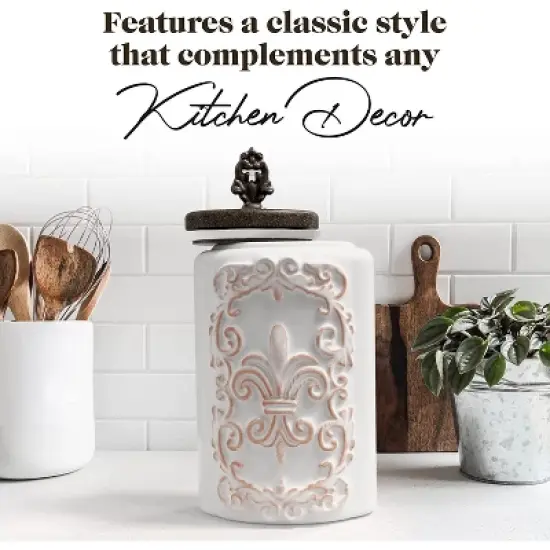 American Atelier Food Storage Ceramic Canister Jar, Fleur De Lis Embossed Design & Airtight Stainless-Steel Lid For Sugar, Flour, White, Set of 2 image {6}