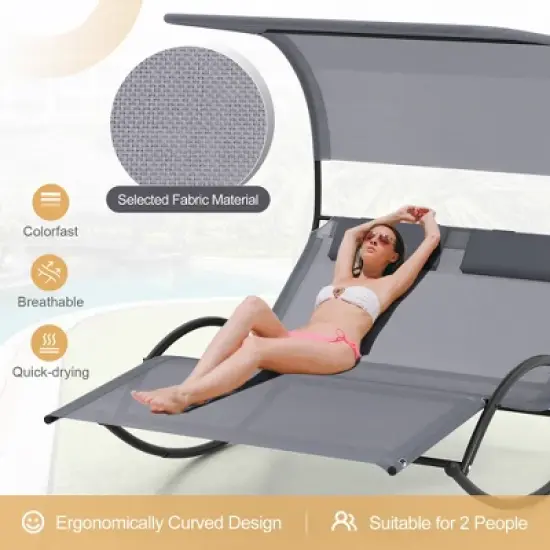 Tangkula Outdoor Double Chaise Rocker Rocking Daybed Sun Lounger w/ Sun Shade Canopy image {4}