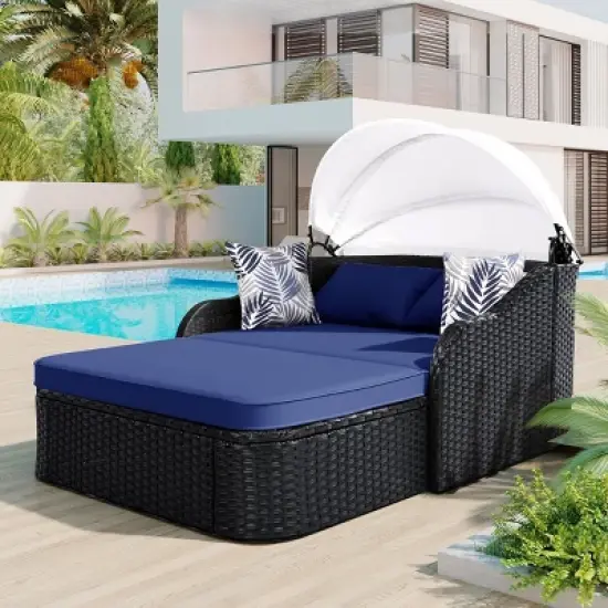 Outdoor Sunbed with Adjustable Canopy, Double PE Rattan Daybed with Cushion for Patio, 79" Wicker Sunbed Lounge Chair with Pillows-Koiai image {8}