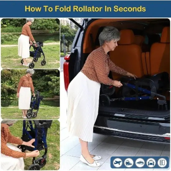 Lycvki Lightweight Foldable Rollator Walkers with Adjustable Handles and Seat Height for Seniors All-Terrain 8" Big Roller Wheels image {2}