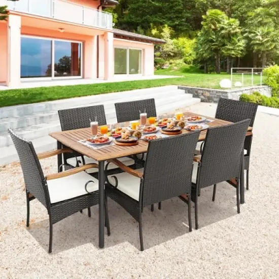 Costway 7PCS Patio Wicker Dining Set Acacia Wood Armrests Table with Detachable Cushions &Umbrella Hole image {1}