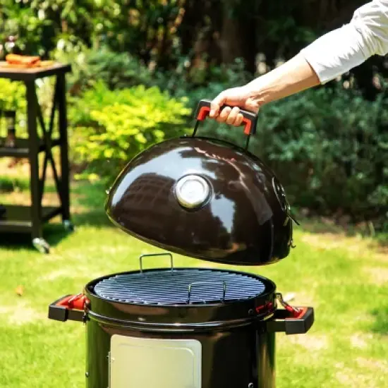 Captiva Designs 18" Vertical Dual Layer Charcoal Smoker Grill with Porcelain-Enameled Smoking Chamber GR14 Black: Outdoor Cooking image {2}