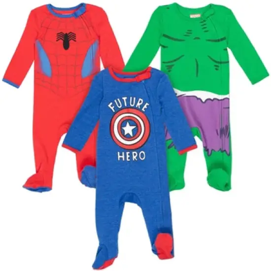 Marvel Avengers Hulk Captain America Spider-Man Baby 3 Pack Zip Up Sleep N' Play Coveralls Newborn to Infant  image {11}