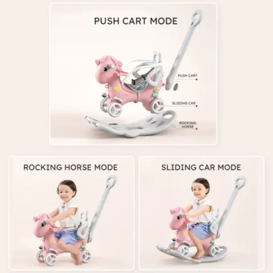 Lirago Pink Unicorn Rocking Horse Stroller 4-in-1 Ride On Toy with Push Handle Balance Bike and Board Gift for 1-3 Year Old Baby image {2}